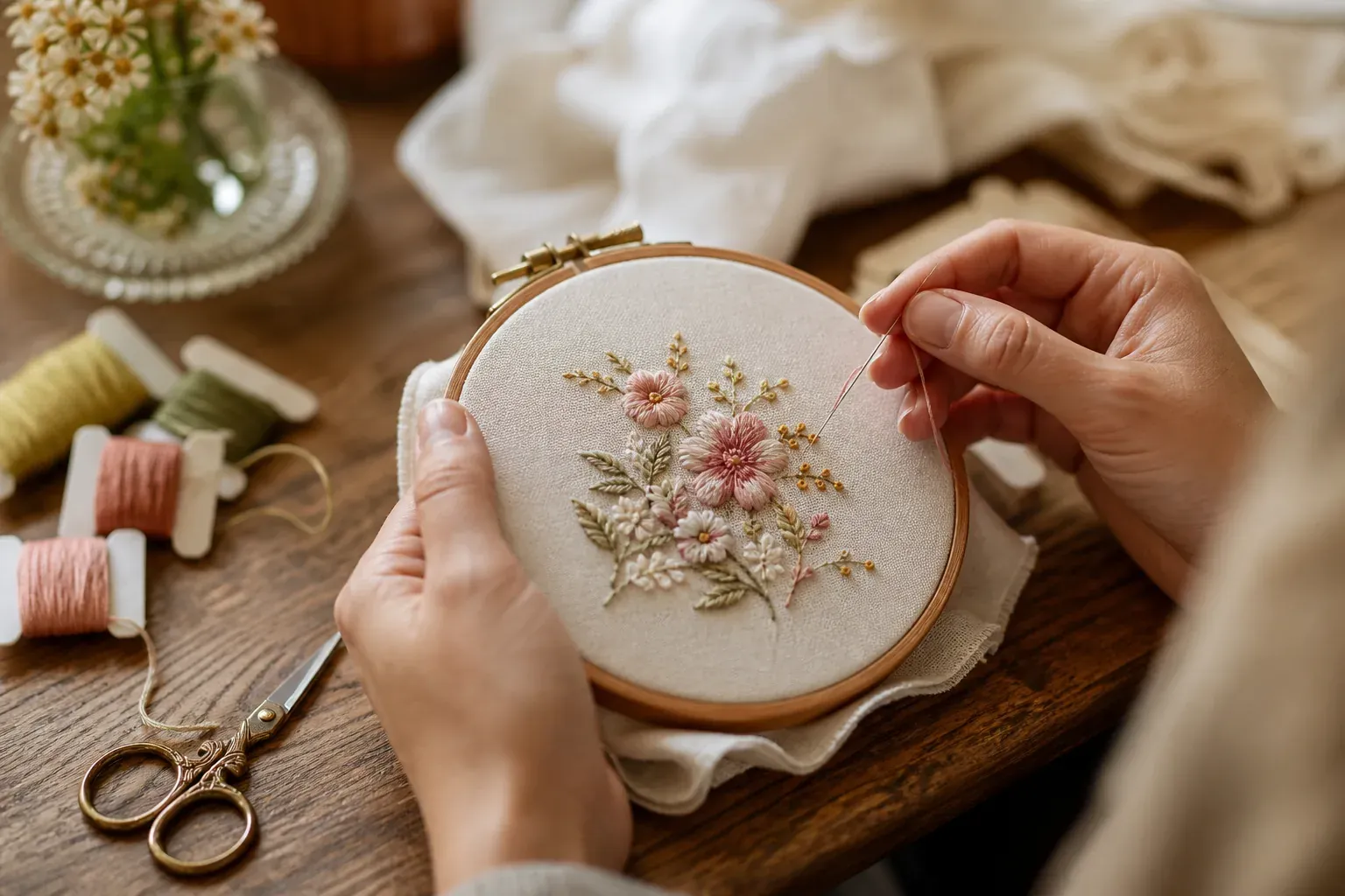 La broderie fleur s’apprend avec quelques points bien choisis