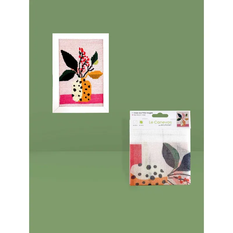 Canevas vase aux pois rouges, motif 15 x 20 cm