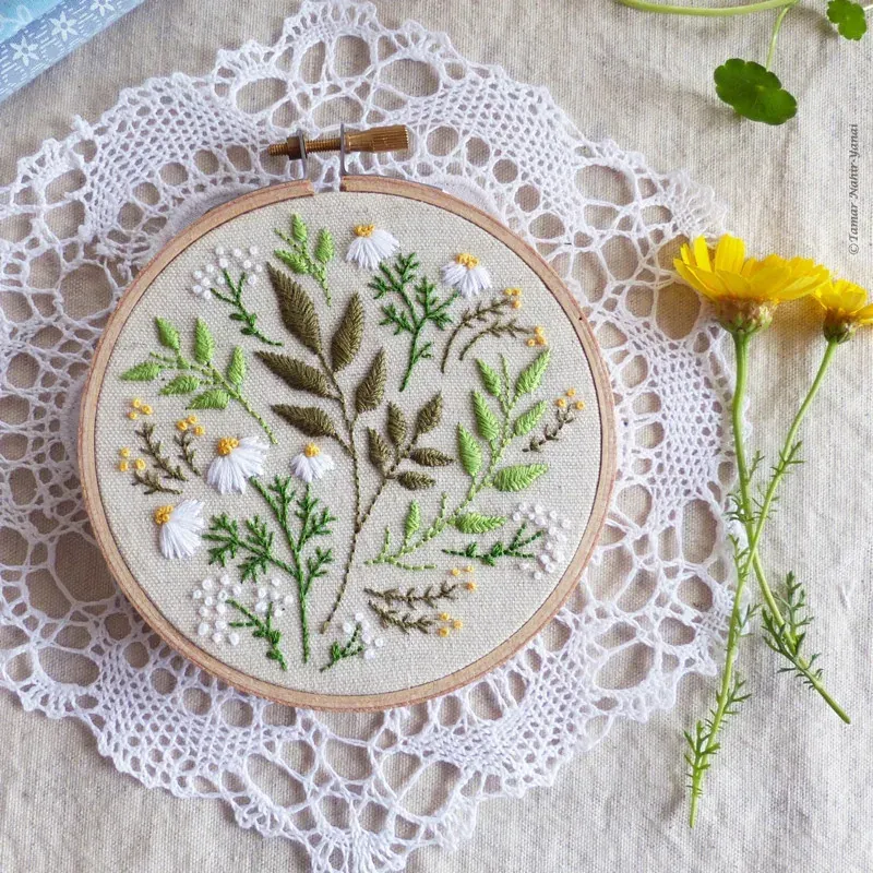 Kit broderie feuilles vertes nature, 16 x 16 cm
