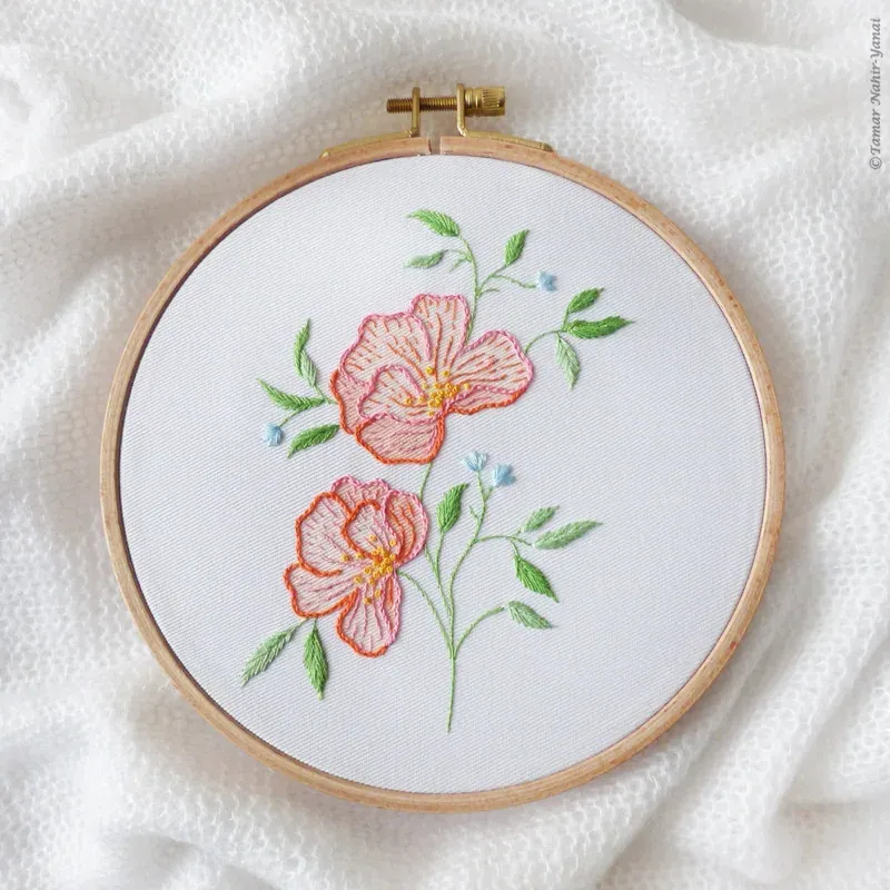 Kit broderie fleurs roses et orange, 21 x 21 cm