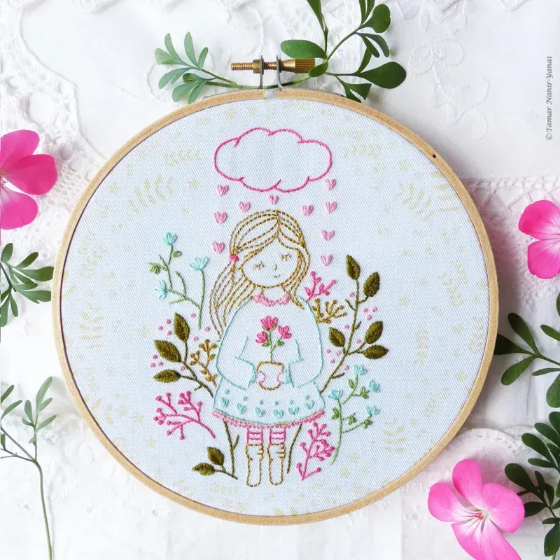 Kit broderie nuage pluie de cœurs, 21 x 21 cm