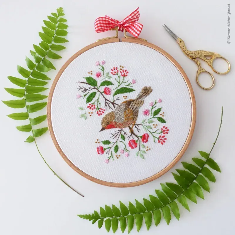 Kit broderie oiseau rouge gorge de Noël, 21 x 21 cm
