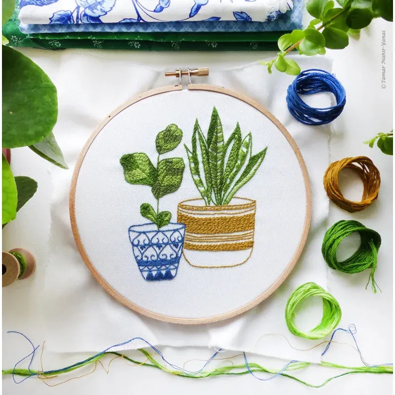 Kit broderie plantes d’intérieur bleu et vert, 21 x 21 cm