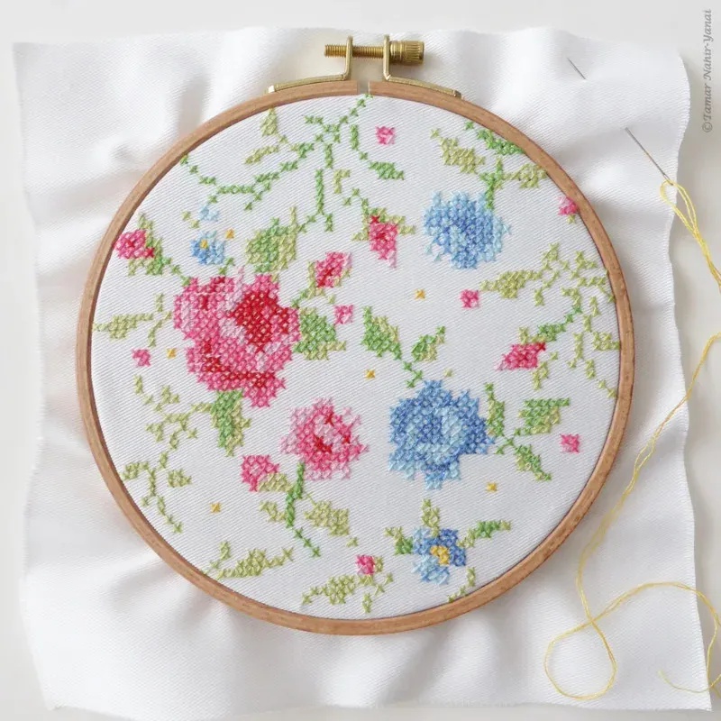 Kit broderie roses bleues et roses, 21 x 21 cm