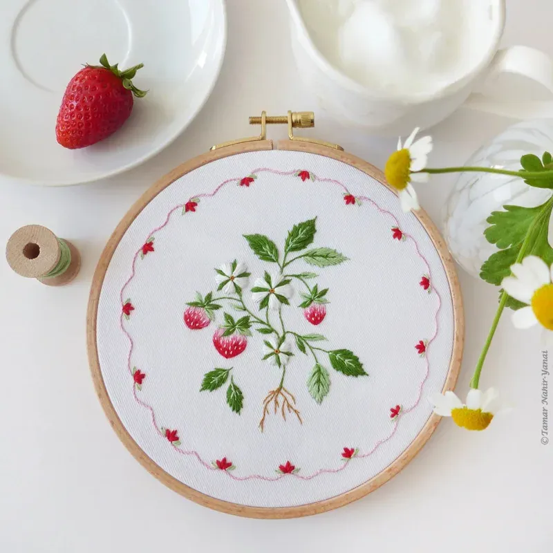 Kit broderie traditionnelle gâteau aux fraises, 21 x 21 cm