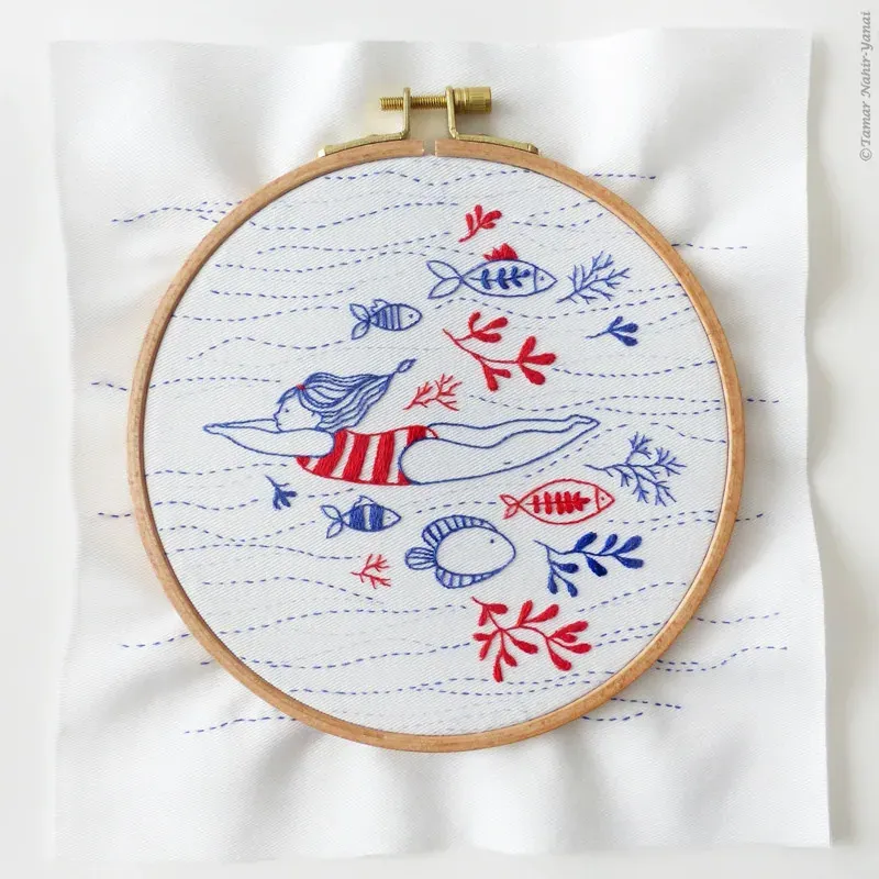 Kit broderie traditionnelle petit nageur, 21 x 21 cm