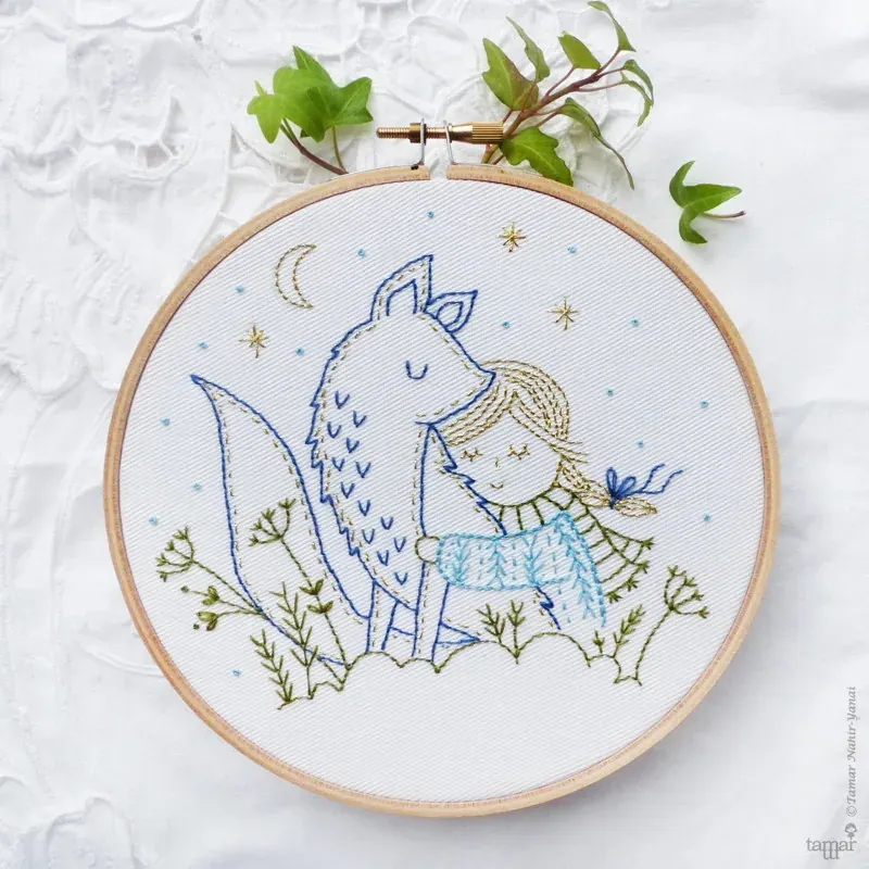 Kit broderie traditionnelle renard d’hiver, 21 x 21 cm
