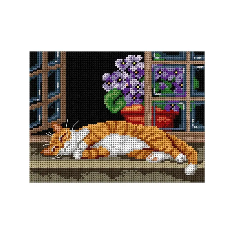 Kit canevas chat endormi à la fenêtre, 18 x 24 cm