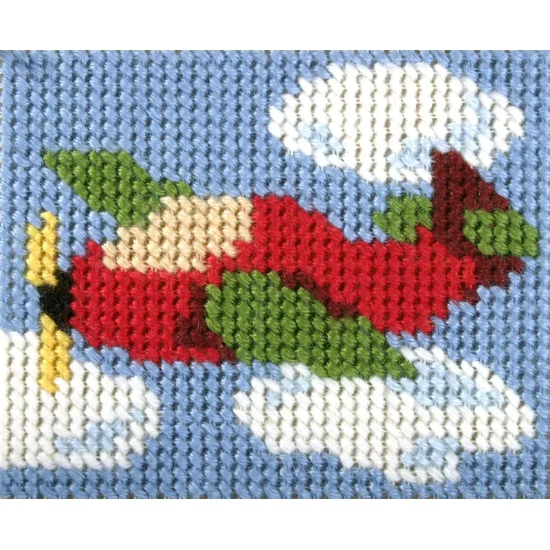 Kit canevas enfant avion rouge, demi point, 17 x 20,5 cm