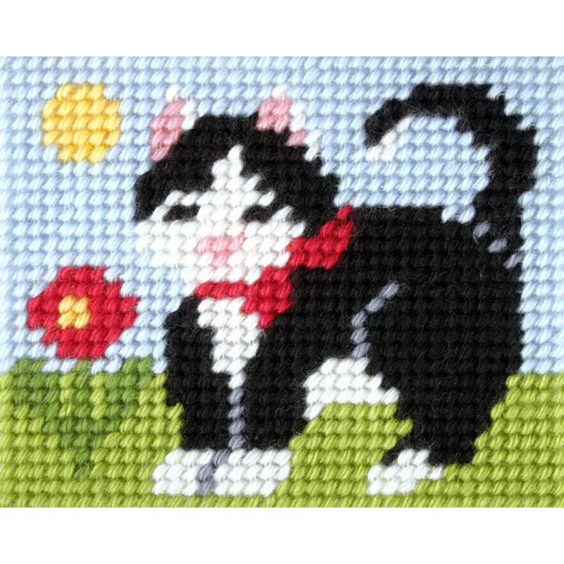 Kit canevas enfant petit chat noir et blanc, 17 x 20,5 cm