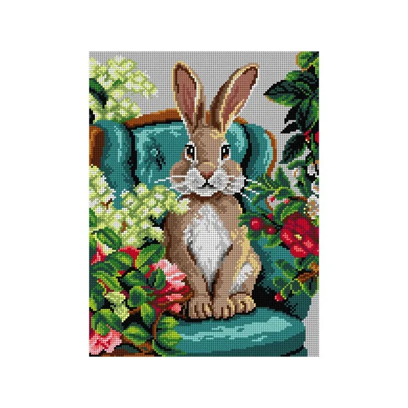 Kit canevas lapin sur fauteuil, toile coton 30 x 40 cm