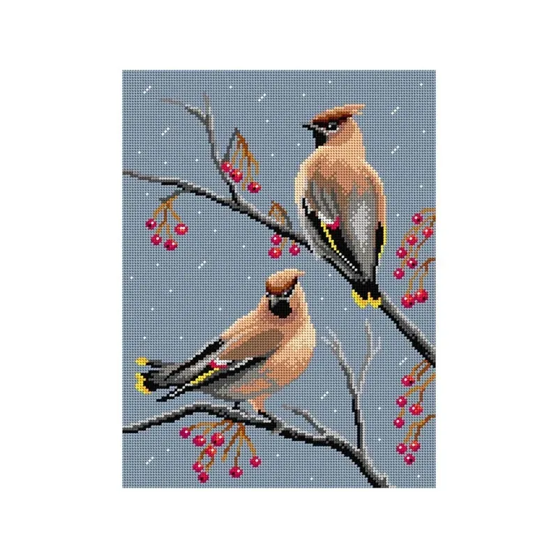 Kit canevas oiseaux waxwings sur toile blanche, 30 x 40 cm