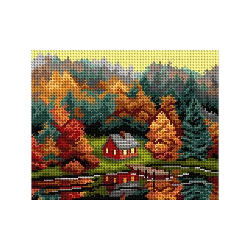 Kit canevas paysage d’automne sur toile blanche, 30 x 40 cm