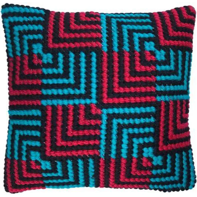 Kit coussin canevas Bargello bleu et rouge, 22 x 22 cm