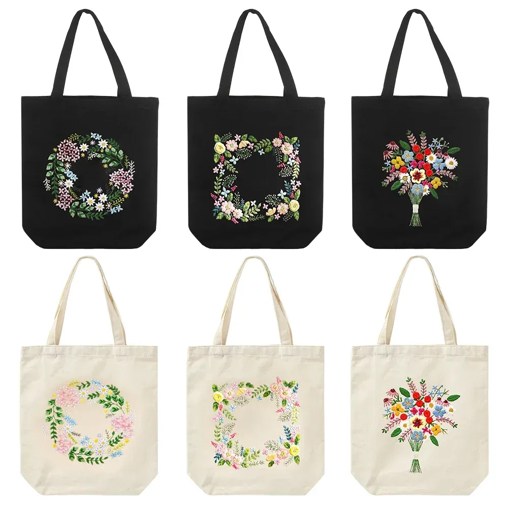 Kit de broderie débutant, sac en toile à motif fleurs