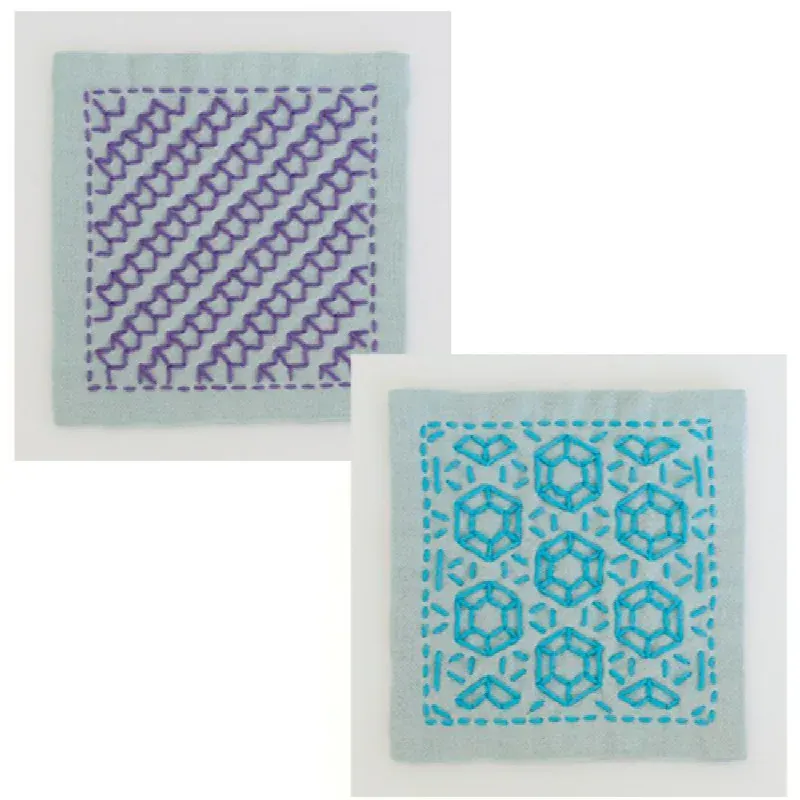 Kit sashiko 2 carrés à broder bleu et mauve
