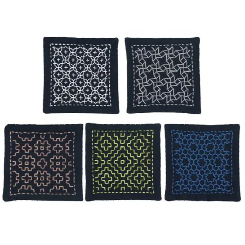 Kit sashiko 5 carrés à broder bleu blanc jaune