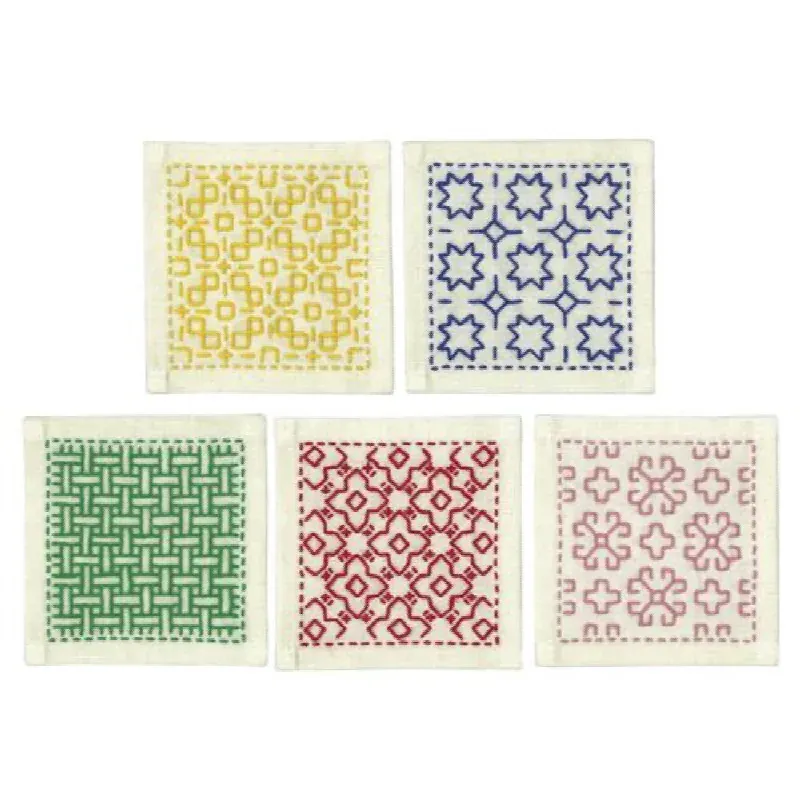 Kit sashiko 5 carrés à broder colorés, 10 x 10 cm