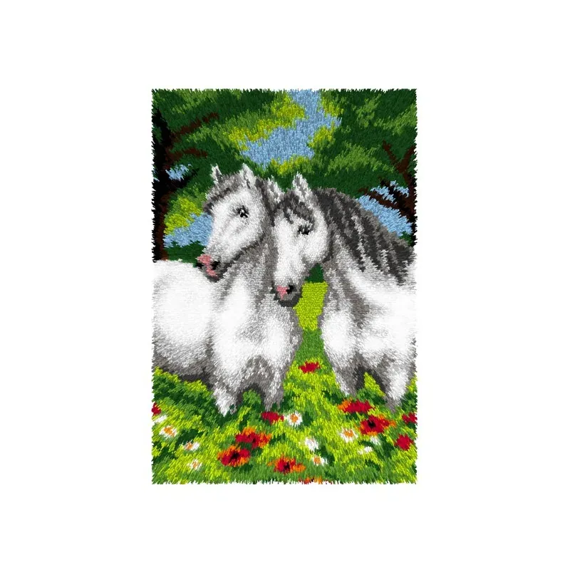 Kit tapis point noué duo de chevaux blancs, 50 x 75 cm