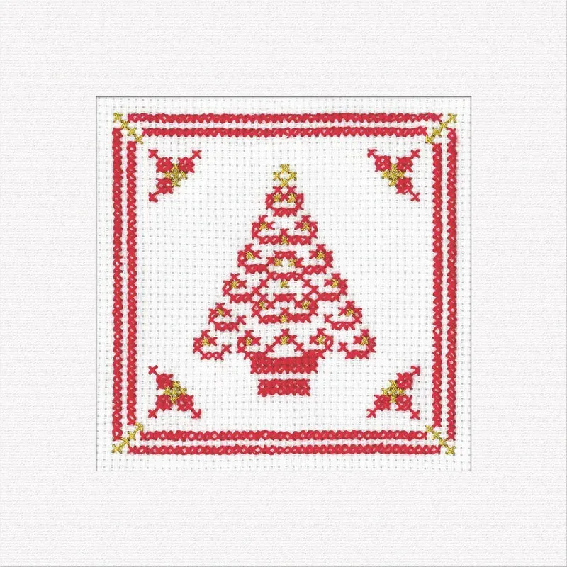 Lot de 3 cartes de Noël au point de croix, arbre rouge : vue 1